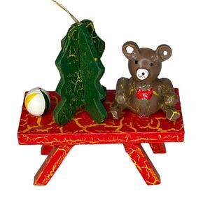 Vintage Wooden Teddy Bear On Bench Christmas Ornament